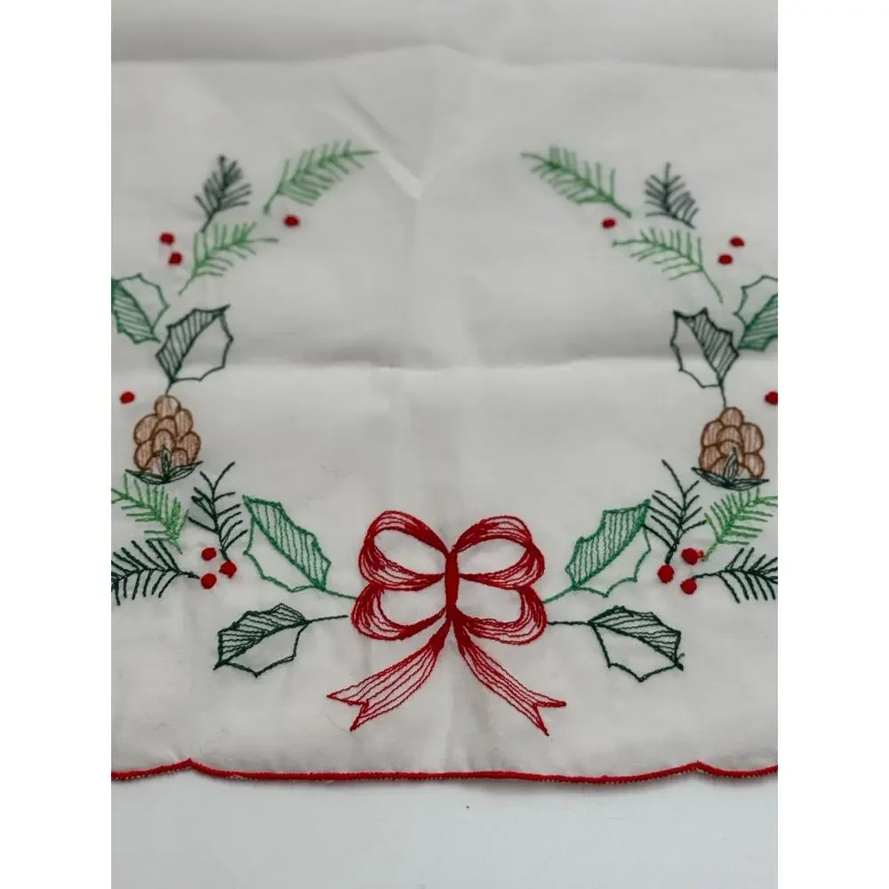Vintage Hand Embroidered Christmas Dresser Scarves Wreath Holly Set of 2